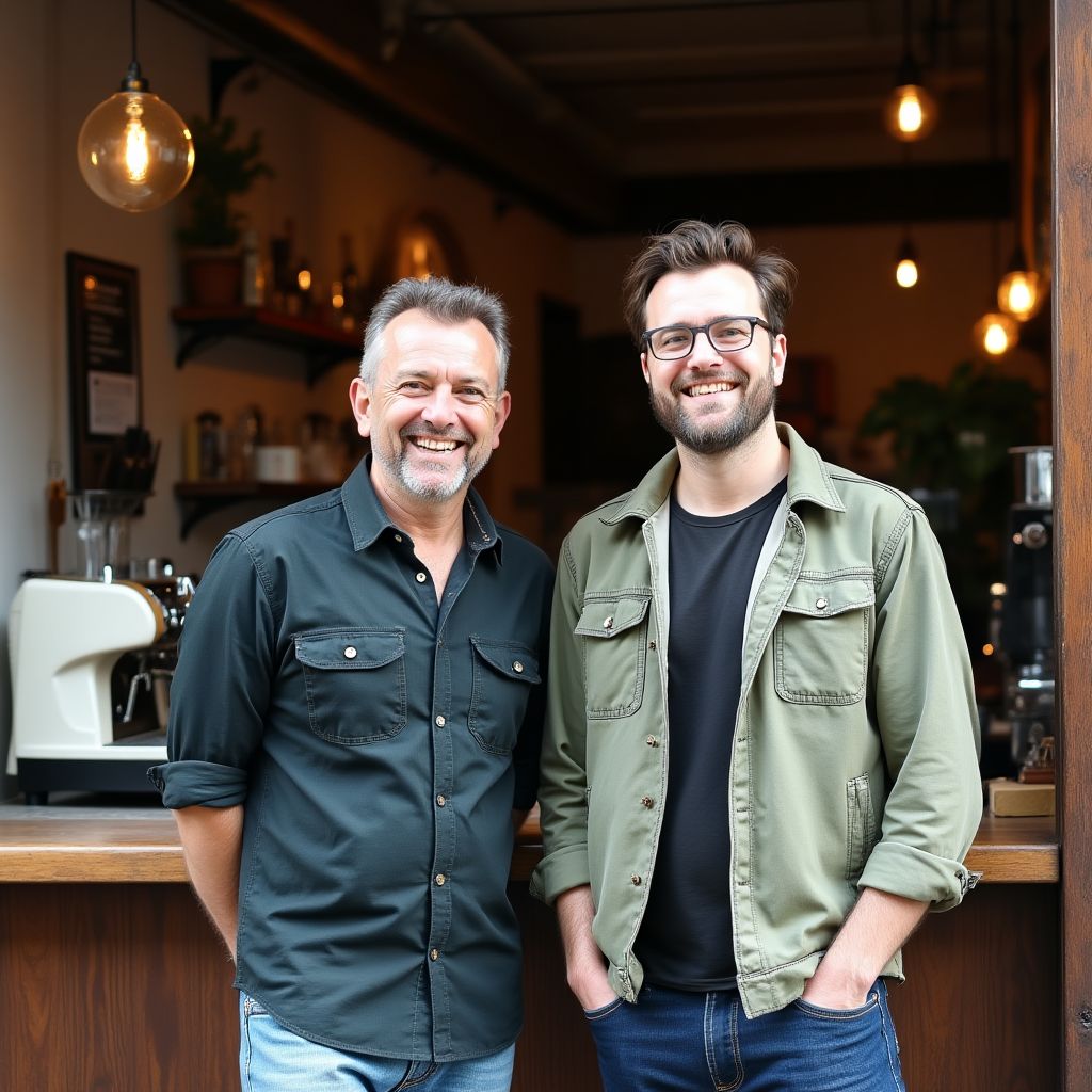 Original Australian Coffee founders in front of their first café in 2005