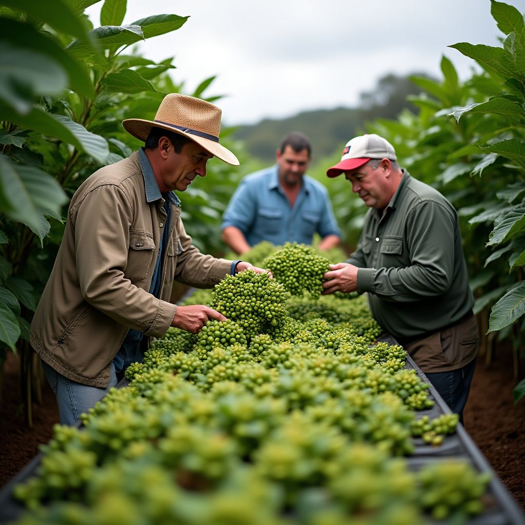 Coffee farmers and our team working together at origin